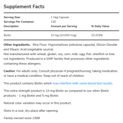 Biotin 10 mg (10,000 mcg), Extra Strength 120 Veg Capsules Biotin 10 mg (10,000 mcg), Extra Strength 120 Veg Capsules